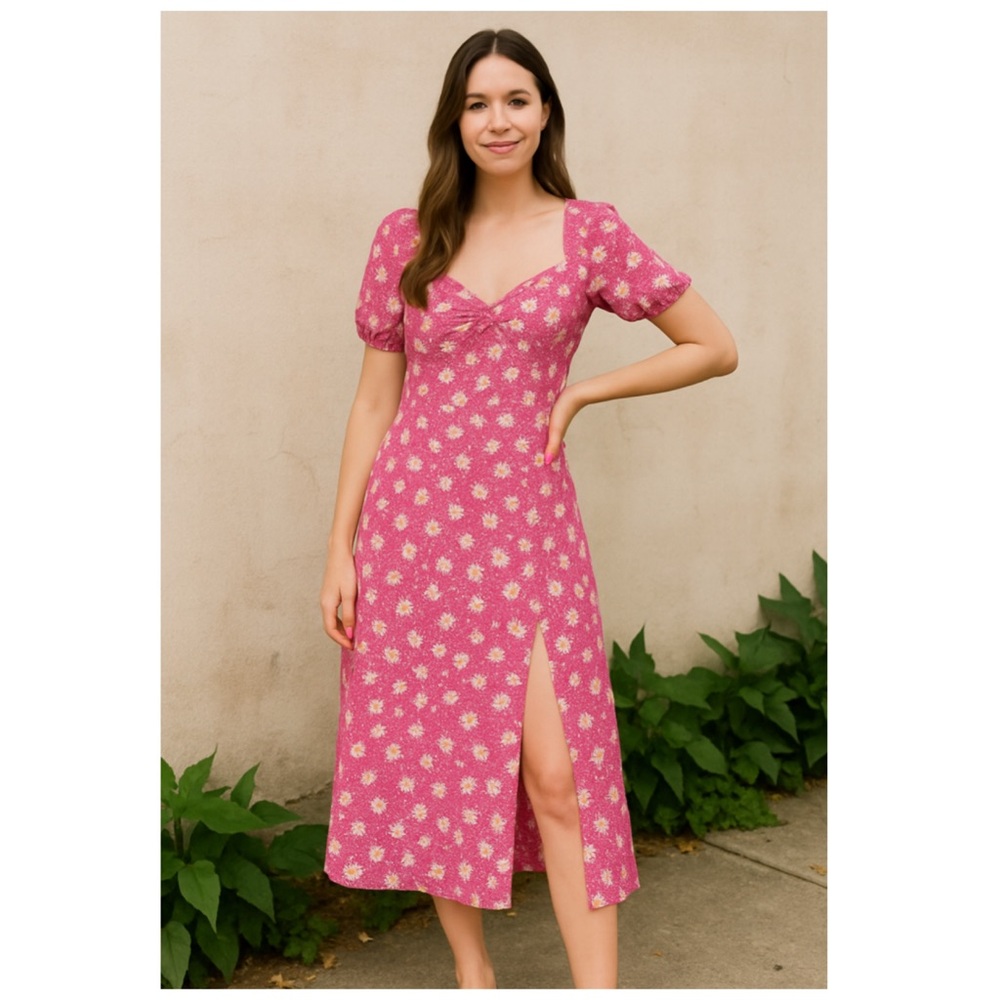 WAYF x Anthropologie Pink Daisy Puff Sleeve Midi Dress L | Spring Wedding Guest - Picture 5 of 13